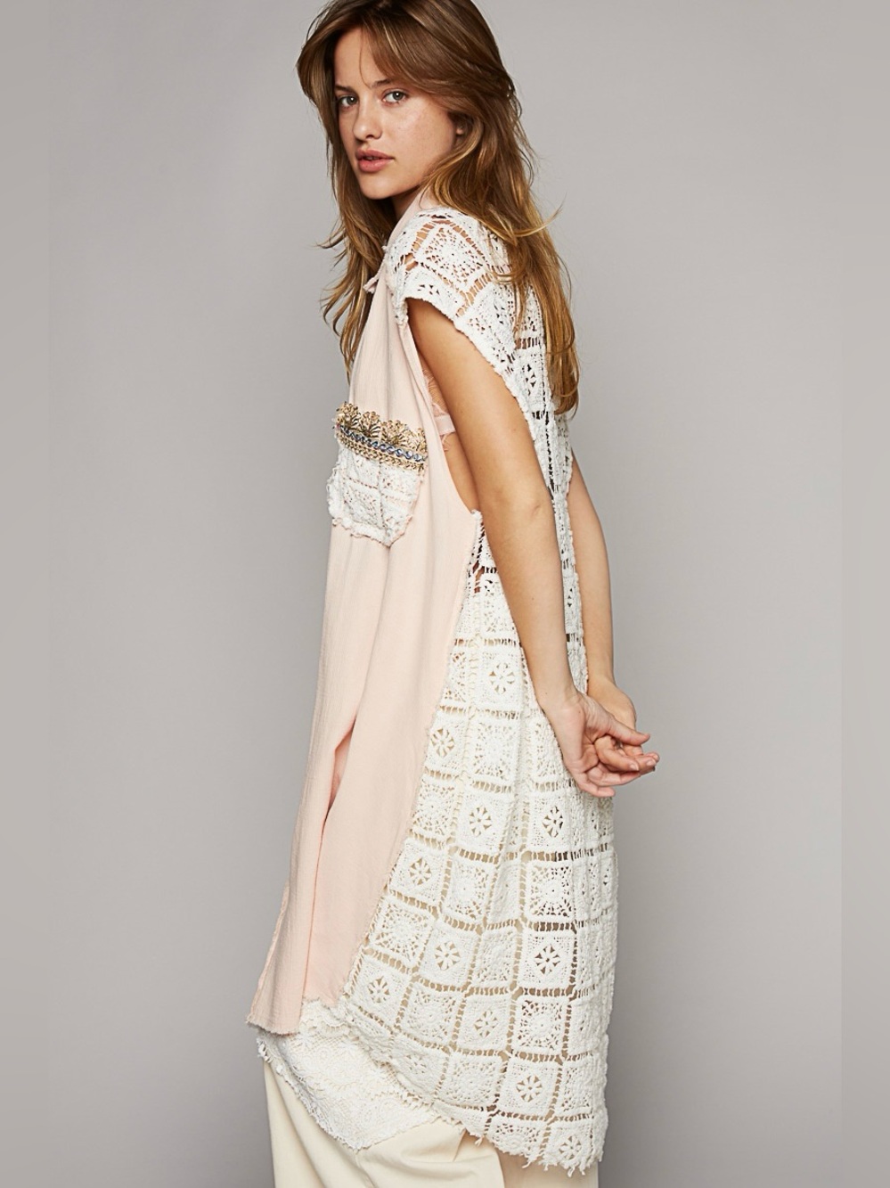 34. POL Peach pink cream crochet vest dress